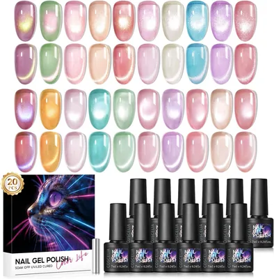COSCELIA 20 Colours UV Nail Polish Cat Eye Gel - Pink Purple Blue Green Magnetic Crystal