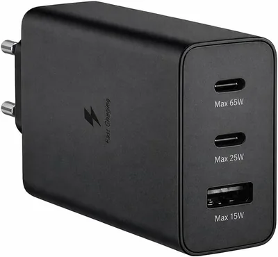 65W PD Super Fast Charger, 3-Port Wall Adapter, Black