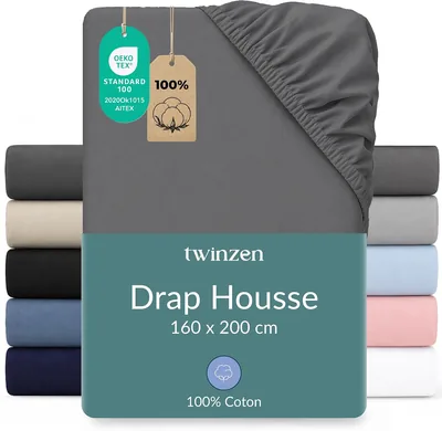 Twinzen Faites-lit ajusté 160 x 200 cm - 100% Coton Jersey - Anthracite - Certifié Oeko-Tex - Faites-lit ajusté 160 x 200 cm