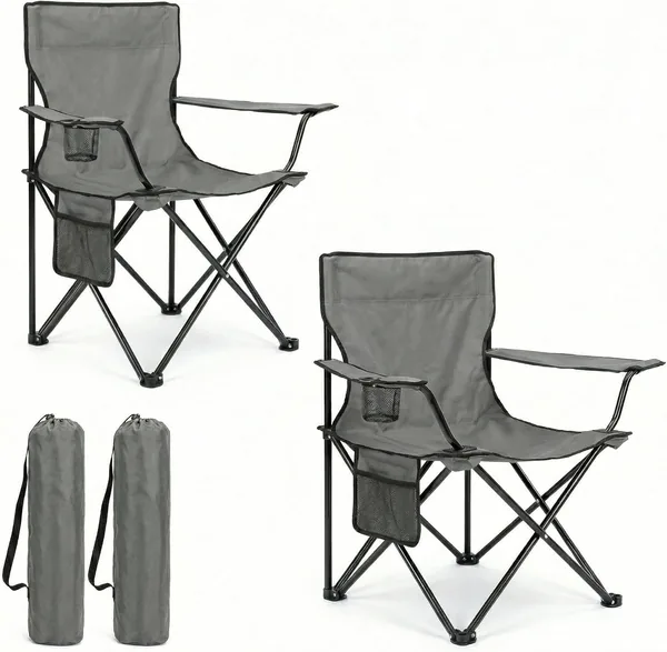 azorex Folding Camping Chair with Backrest and Armrest 48 x 49 x 80 cm, Cup Holder and Pocket, Ultralight Portable for Beach, Fishing, Garden and Hiking - Includes Bag (Grey, Pack ),