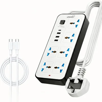 لوح تمديد طاقة عالمي مع 6 منافذ، 3 USB-A و 1 USB-C، سلك تمديد 2م، مفك UK 3-Pin Type G، لوحة تمديد الطاقة