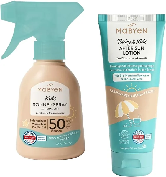 Spray solar y loción después del sol MABYEN para bebés y niños, 100% óxido de zinc, sin fragancias, natural COSMOS, 150 ml +