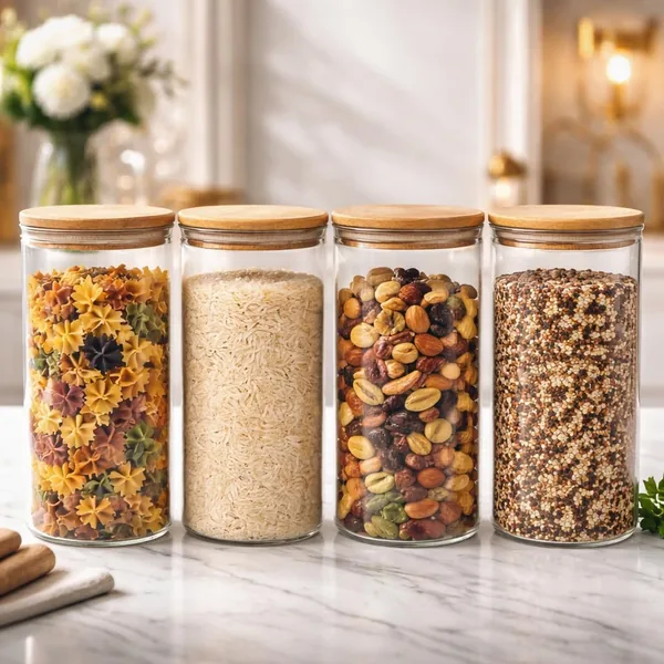 Kit com 4 Potes de Vidro Herméticos de 450ml com Tampas de Bambu | Organização Estilosa para Sua Cozinha