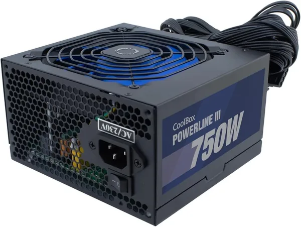 CoolBox Powerline3 750 PC Power Supply 750W ATX 85% Efficiency Ultra-Quiet Fan 12cm SMD and DC-DC Technologies EMI Filter Long Flat Cables Black