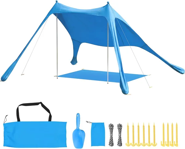 Outsunny Beach Tent for 2-4 People, Sea Tent with Mat and Shovel, UPF50+ Sun Protection, Aluminium Poles and Pegs, Wind Resistant, 200 x 208 x 200 cm