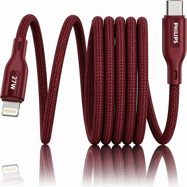 PHILIPS DLC4130LI/94 27W iPhone Original Type-C to Lightning Fast Charging Cable (1m, Iron Red) | MFi Certified | 480Mbps Dat