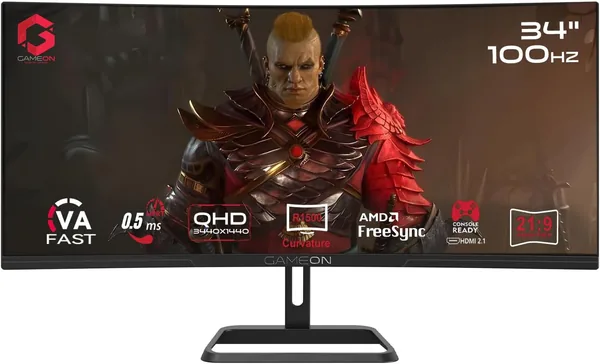GAMEON 34 Inch Curved WQHD Gaming Monitor 3440x1440 100Hz 0.5ms MPRT VA Panel HDR10 FreeSync Adaptive Sync HDMI 2.1 DisplayPort UltraWide 21:9 Built-in Speakers PC & Console Ready