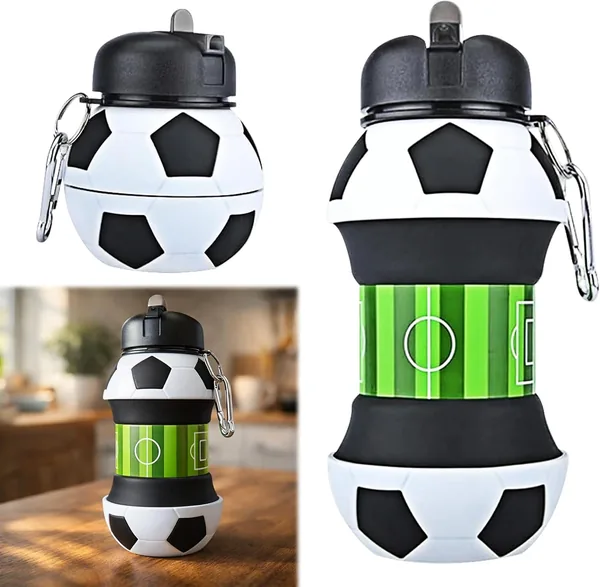 Ebksqs Collapsible Football Water Bottle 550 ml, Silicone with Carabiner, BPA-Free Sports Water Bottle for Sports, Camping and Original Gifts