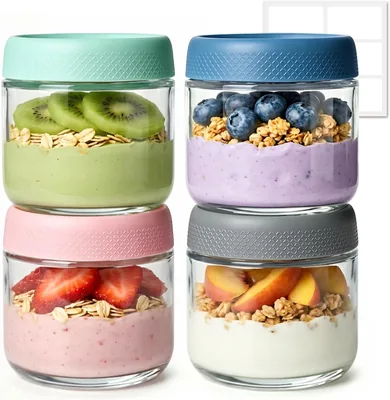 ComSaf Farbiges Joghurtbecher-Set mit Deckel, 4 Stück, 300 ml, kleine Glasbehälter für Mahlzeitenzubereitung und Snacks, lecksicher