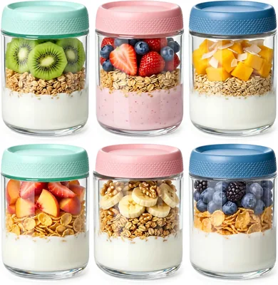 ComSaf Overnight Oats Jar 500ml, 6 Pack Glass Jars with Plastic Lids, Leakproof Overnight Oats Conta