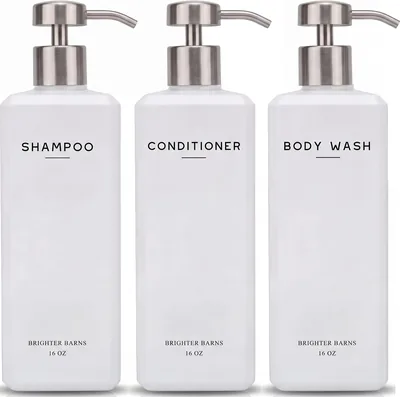 White Shampoo & Conditioner Dispenser Set by Brighter Barns - Refillable Shower Dispensers