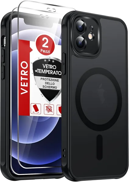 Copertina magnetica LeYi per iPhone 12 con vetro temperato, compatibile con caso Magsafe per iPhone 12 Trasparente opaco Anti-impronte