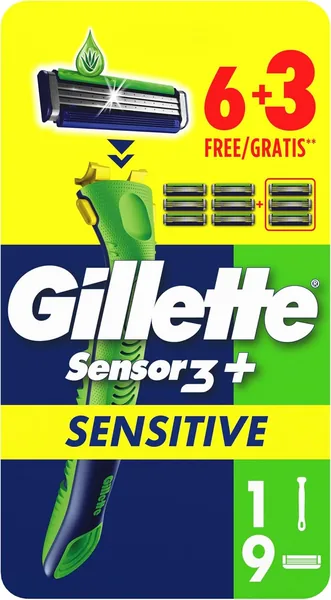 Gillette Sensor 3+ Rasurador para Hombres Sensitivo con Refillables, 1 Mango Ergonómico + 9 Lames con Cabezal Pivotante