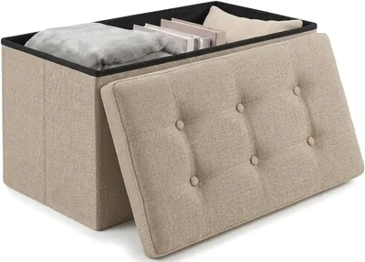 Edihome, Ottomano Pieghevole con Tessuto di Ricopertura (15 x 76 x 15 cm) - Seduta, Cesta di Stoccaggio e Poggiapiedi Interno (Beige)