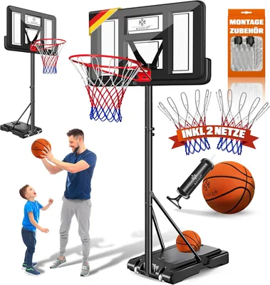 KESSER® Basketballkorbset mit höhenverstellbarem Mobilkorb und Rädern, Rückwand, Basketball, Pumpe & 2 Netzen - In