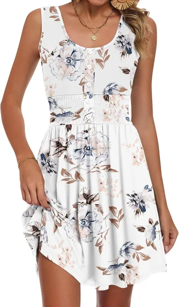 WNEEDU Womens Summer Dress 2026 Casual Sleeveless Tank Button Down Sundress Smocked Empire Waist Mini Dresses with Pockets