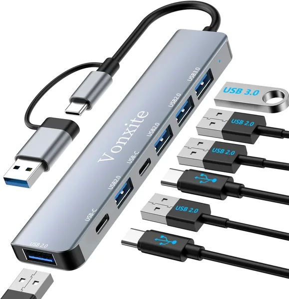 USB 3.0 Hub 7-in-1 mit USB-C Multiport-Adapter, 1x USB 3.0, 4x USB 2.0, 2x USB-C, 5 Gbps Hochgeschwindigkeits-Splitter