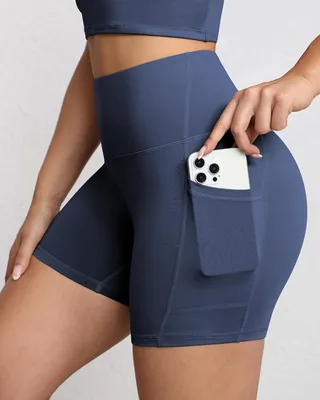 Pantalones cortos de motociclista para mujer con control de abdomen, 5 pulgadas de cintura alta y bolsillos profundos