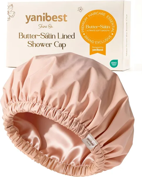 YANIBEST Waterproof Shower Cap for Women - Reusable Satin Lined Bath Cap with Soft Elastic Band