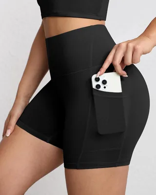 Pantalones cortos de motociclista para mujer con control de abdomen, 5 pulgadas de cintura alta y bolsillos profundos