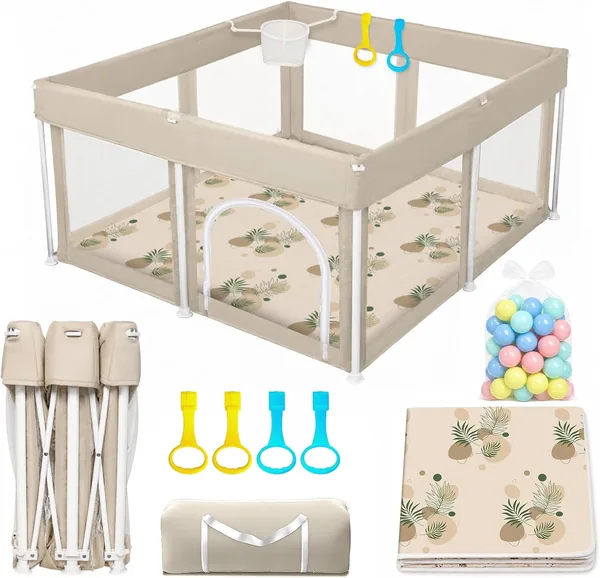 Foldable Baby Playpen with 4 Handle Rings, 30 Ocean Balls, Net Basket and Mat, 50"x50" Portable Collapsible Play Yard for Indoor and Outdoor Use