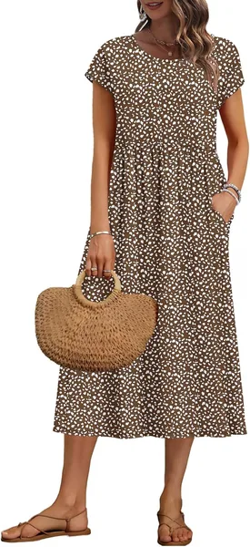 WNEEDU Summer Dress for Women 2026 Short Sleeve Empire Waist Midi Floral Dress with Pockets