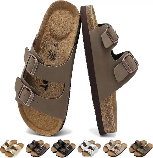 Sandalias y Mulas Chetoria para Mujer con Dos Cintas Ajustables de Corcho y Cuero Plano Cómodo, Ligero - Mejora tu Caminar