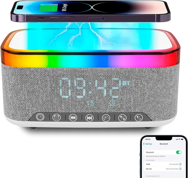 Facarler Wireless Charging Lamp, Alarm Clock with Induction Charger, Bluetooth Speaker with Ambient Lighting Synchronized with Music