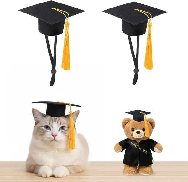 Mini Graduation Caps with Gold Tassel, 2 Pack Black Mini Graduation Caps, Small Animal Bachelor Hats for Adjustable Pet Graduation Photo Props Cat Dog Holiday Costume Accessories