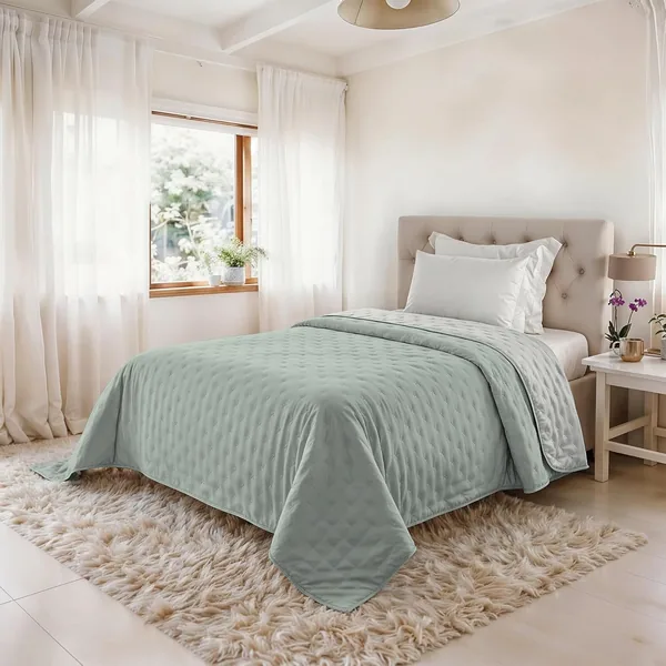Spring Quilt in Microfibre Double Sided Summer Bedspread - 100 g Soft and Light - Premium Quality Bed Blanket 160 x 250 cm - Green / White