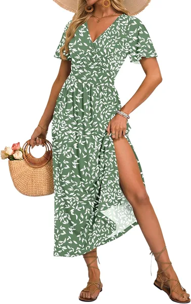 AUSELILY Women Summer Dress Floral Maxi Dresses V Neck Short Flutter Sleeve Flowy Slit Sundress with Pockets 2026