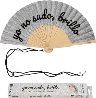 Fisura Original abanico con mensaje 'No sudo'. Abanico de madera moderno y colorido. Glitter plateado. Incluye colgador.