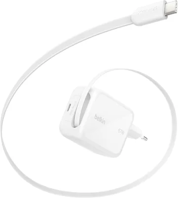 Chargeur Belkin GaN 67W USB-C avec câble rétractable 1M USB-C et port USB C, pour iPhone, charge rapide iPhone 17 et 16 Se - 25% de réduction