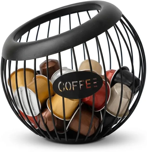Round Black Large Capacity Coffee Capsule Storage Basket, Espresso Capsule Organizer for Counter Coffee Bar Kitchen