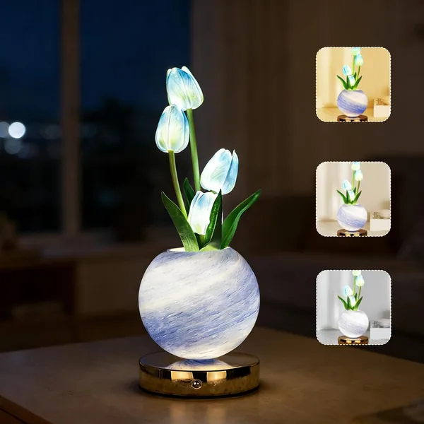 Tulip Table Lamp, 3 Colors Touch Crystal Night Lamp with Variable Dimmer Cup, Wireless Rechargeable Desk Lamp, Romantic Gift for Women Mom (Tulipa-Blue)