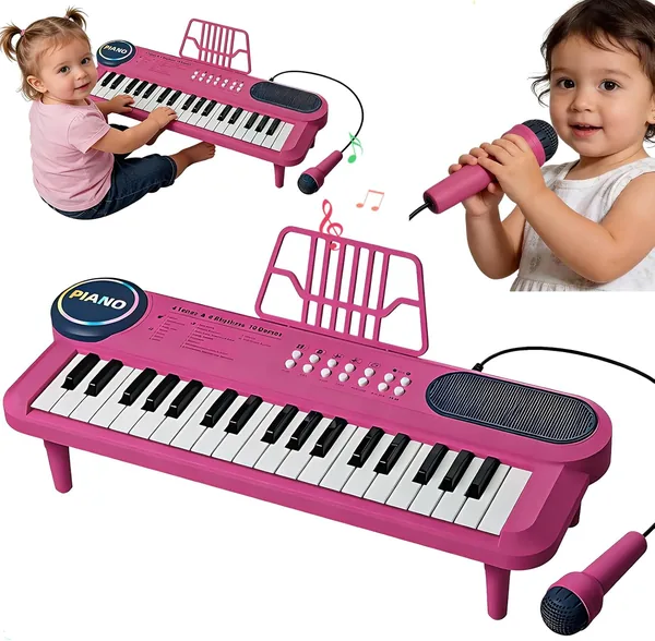 Andanna 2-in-1 Kids Piano Keyboard, 37 Keys, Pink, Electronic, Ages 3-7, with Storage Compartment, Microphone, Music Stand,Musical Educational Gift for Toddlers and Beginners (Red)