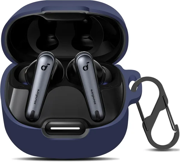 Soft Silicone Case Compatible with Anker Soundcore Liberty 4 NC Wiresless Earbuds - Protective Shockproof Cover with Keychain (Navy Blue)