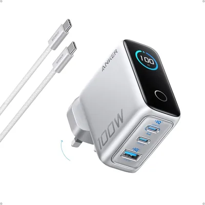Anker 100W USB C Charger, 3-Port Fast Charger Plug, Ultra-Compact GaN Laptop Charger, Smart Display,