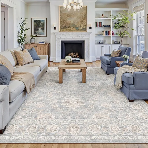 WondRg 8x10 Washable Area Rug for Living Room Bedroom Blue Neutral Distressed Carpet Low Pile Soft Thin Tapis Salon Floral Non-Slip Vacuumable Lightweight Large Floor Rug