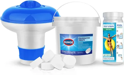 Chlorin Tabletten für Pool 220 g mit Schwimmhilfe + Teststreifen: Poolwasser Reinigungsset für Schwimmbad, Paddelpool, Spa