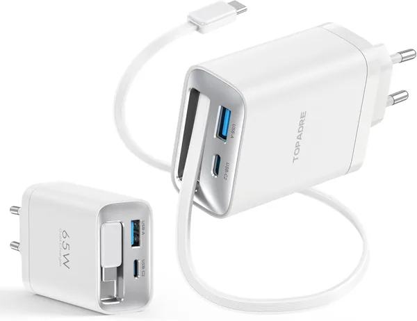 TOPADRE 65W USB C Ladegerät mit 85 cm verstellbarem Kabel, 3-Port-Schnellladung USB C Stromversorgung PPS PD3.0 für MacBook