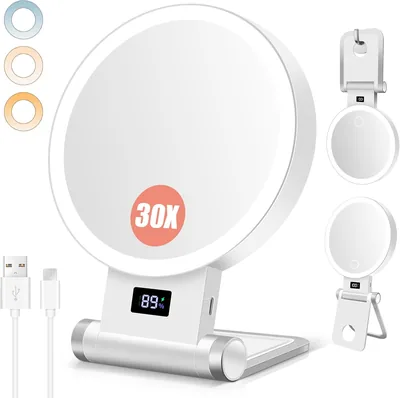 B Beauty Planet 30X/1X Miroir Maquillage Éclairé, Indicateurs de Batterie, Support 4-en-1, Double Face, 2000mAh, 3 Lumières Ajustables, Ta