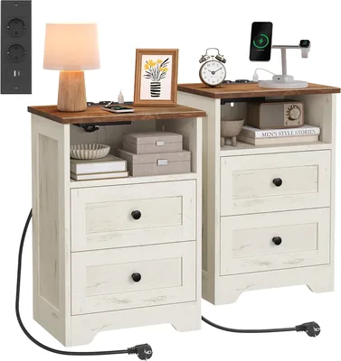 Mueble auxiliar VASAGLE Siren LET848WJ01 con enchufes, mesa de noche con 2 cajones y compartimento abierto, 40 x 30 x 59 cm, para dormitorio - Mejor Oferta