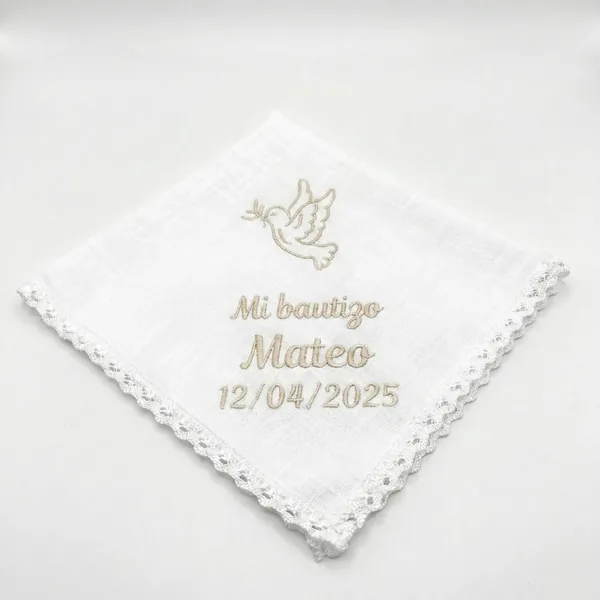 SticTag Personalised Christening Scarf Embroidered with Name and Date - Baptism Cloth Made of Natural Cotton and Linen - Handkerchief Christening Boy Girl - Personalised Christenin
