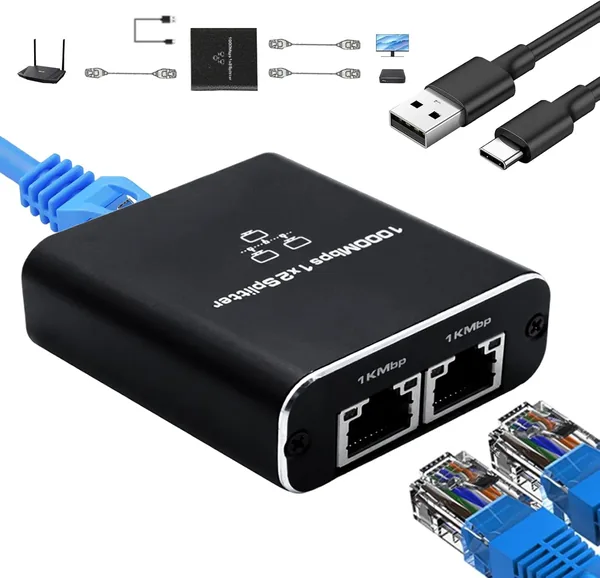 GNUADZ LAN Splitter 1 zu 2, Gigabit Ethernet Splitter mit 2 Ports und Type-C Stromkabel, Aluminium Gehäuse