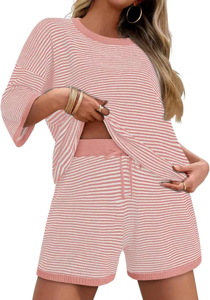 Women 2 Piece Lounge Sets Casual Oversized Crew Neck Striped Tops Drawstring Short Sets Beach Summer Outfits 2026