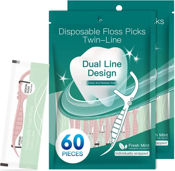 120 Count Individually Wrapped Dental Floss Picks, Twin Line Mint Floss for Break Resistant Travel Use, Plaque Removal Toothpicks for Deep Clean Between Teeth (Pink)