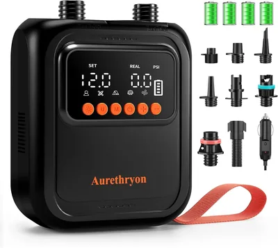 Elektro SUP Pumpenbatterie mit Licht, tragbare Hochdruck-Luftpumpe (20 PSI), Automatisches Abschalten, 12 V DC & Typ C, mit 7 Düsen