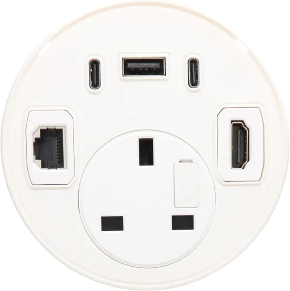 kenable Desk Grommet Power Socket with USB-C 45W PD, USB-A, HDMI 2.0, RJ45 Ethernet, 2.5m Cable, White, Fits 80mm Cable Holes