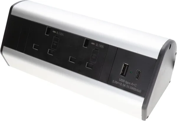 Desktop Table Desk Mountable PDU 2 x UK Sockets & USB-A/C Ports Power Pod Black